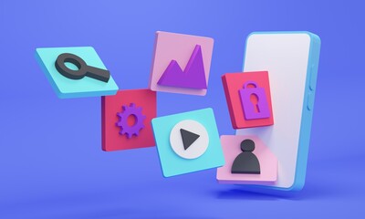 Phone with flying mobile app icons. 3d rendering