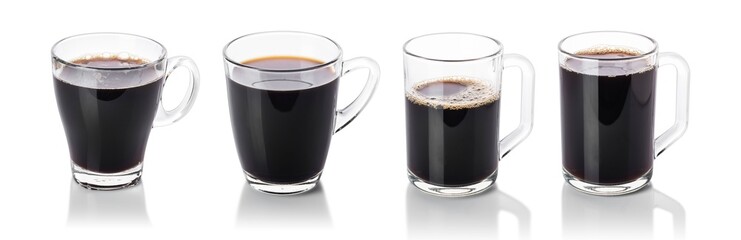 collection of transparent cup of black coffee isolated on white background with clipping path..