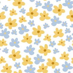 Colorful vector Seamless pattern with fairy  yellow and blue flowers and leaves on a white background. Creative texture for fabric, wrapping, textile, wallpaper.