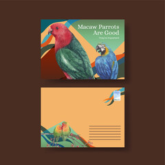 Postcard template with macaw parrot bird concept,watercolor style