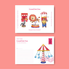 Postcard template with circus funfair concept,watercolor style