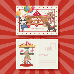 Postcard template with circus funfair concept,watercolor style