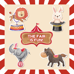 Sticker template with circus funfair concept,watercolor style