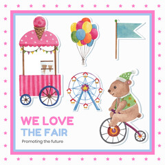 Sticker template with circus funfair concept,watercolor style