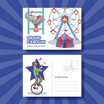 Postcard template with circus funfair concept,watercolor style