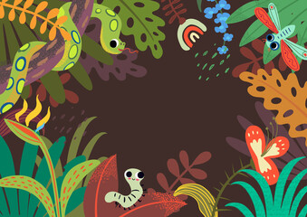 Fototapeta na wymiar Jungle Tropical Background with plays For Text. Illustration of a jungle landscape background, with ornaments made with leaves and flowers of tropical plants and trees.