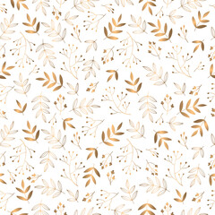 Autumn seamless pattern for textile, fabric manufacturing, wallpaper, covers, surface, print, gift wrap, scrapbooking. Leaves composed of gold art line art leaves on white background.