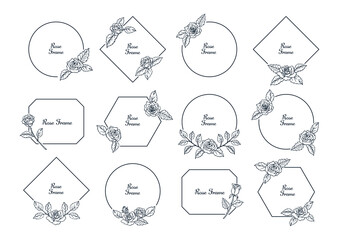 薔薇の花のデザインフレーム　ネイビーの線画