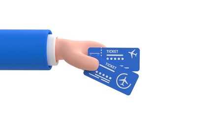 Cartoon human hand holds airplane tickets. 3d render illustration