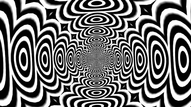 A 3D rendering of a black and white trippy tunnel pattern