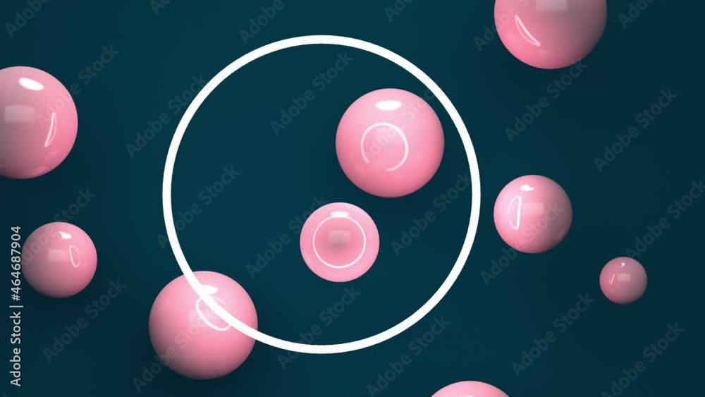 Poster abstract blue background with round lamp frame and pink balls. minimal modern seamless motion design