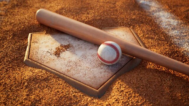 Baseball Homeplate with ball and bat on it. Home base with baseball accessories.