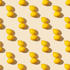 Trendy sunlight summer pattern made with yellow lemon slice on bright light yellow background. Minimal summer concept. Flat lay.