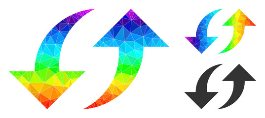 Low-poly exchange arrows icon with spectrum gradient. Spectrum colorful polygonal exchange arrows vector combined from scattered colorful triangles.