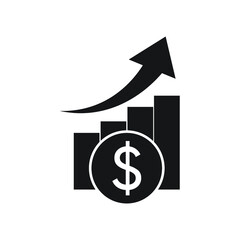 Money growth icon style. Rupee increase graph symbol concept isolated on white background.