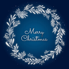 Christmas card with leaves wreath and snowy glitter on blue background