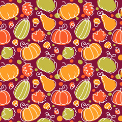 Seamless fall pattern with pumpkins, maple and oak leaves, acorns and mushrooms