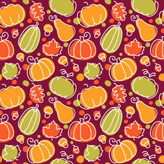 Seamless fall pattern with pumpkins, maple and oak leaves, acorns and mushrooms