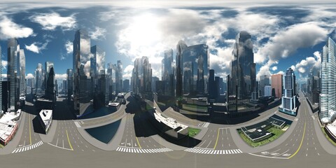 Sunrise over the city,, HDRI, environment map , Round panorama, spherical panorama, equidistant projection, panorama 360, 3d rendering