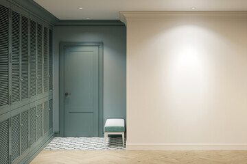 The entrance hall with an blank light beige wall illuminated by a spotlight, a pouf near the front door, a mint green wardrobe, parquet flooring, recessed lights in the white ceiling. 3d render