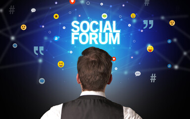 Rear view of a businessman, social media concept