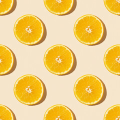 Fruit pattern of fresh ripe slice orange on yellow background. Top view, copy space for your text. Fruit composition, healthy concept.