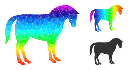 lowpoly horse icon with spectrum colorful. Spectral colorful polygonal horse vector is filled of scattered colorful triangles. Flat geometric lowpoly illustration designed by horse icon.