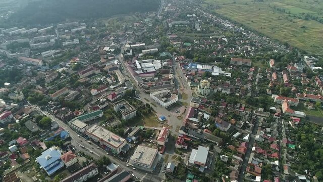 Aerial shot: View of the city of Khust and the castle. Transcarpathian region, Ukraine. HD