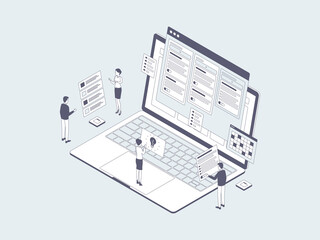 Business Workflow Isometric Illustration Lineal Grey. Suitable for Mobile App, Website, Banner, Diagrams, Infographics, and Other Graphic Assets.