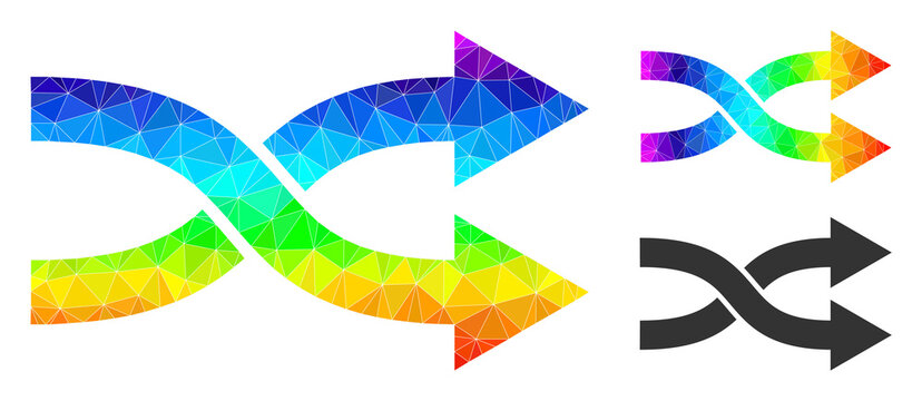 Low-poly shuffle arrows right icon with spectral colored. Spectral colored polygonal shuffle arrows right vector constructed with random vibrant triangles.