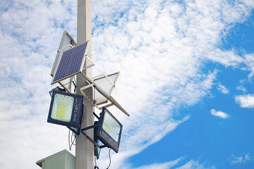 The solar cell device is mounted on the pole and the light is connected to the solar cell.