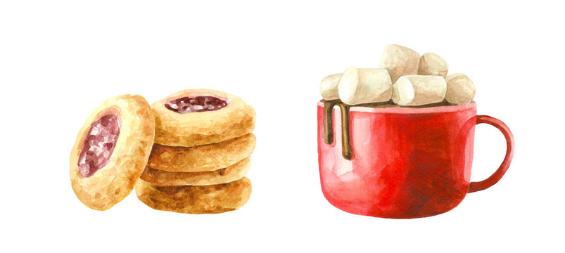 A large red mug with a hot drink. Hot chocolate, cocoa, marshmallows. Stack of cookies with jam. Watercolor illustration, painting. Isolated objects on a white background. Christmas treats, cozy mood