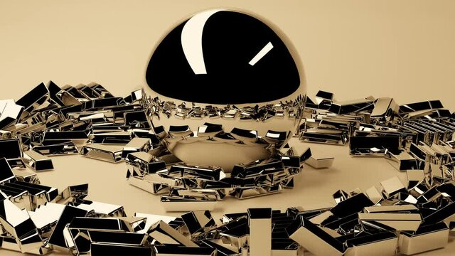 3D rendering. A gold ball fall and crashes into a ring of gold bars. Business and wealth concept.