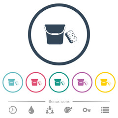Bucket and sponge flat color icons in round outlines