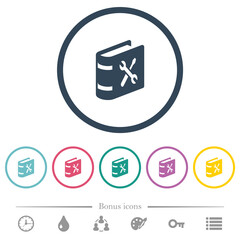 User guide with wrench and screwdriver flat color icons in round outlines