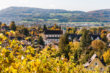 Naklejka premium Arlesheim, Dom, Weinberg, Birstal, Birsebene, Dorf, Herbst, Herbstlaub, Herbstsonne, Ermitage, Baselland, Nordwestschweiz, Schweiz