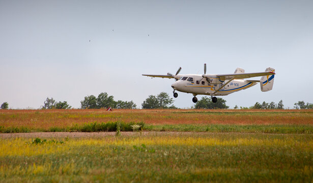 Kyiv, Ukraine - June 21, 2020: Antonov AN-28 UR-NTE plane at the Chaika airport. A small plane for parachutists. Ukrainian airplane. Copy spase.