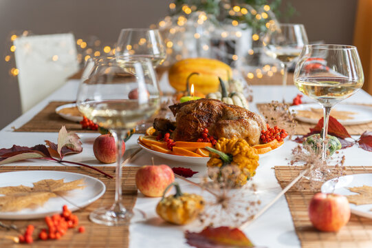 Thanksgiving,Christmas or Halloween celebration traditional dinner  table setting food concept