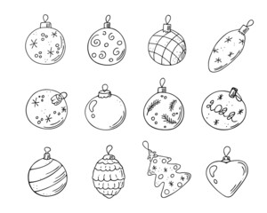 Doodle Christmas balls set,hand drawn decorations,New Year toys,festive elements.Use for holiday cards,coloring book, posters,banners,calendars,print.Outline drawing.Isolated.Vector illustration