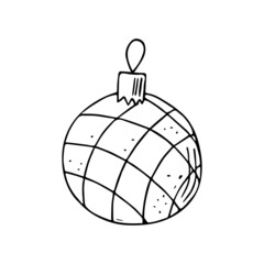Doodle Christmas ball,hand drawn decoration,New Year toy,festive element.Use for holiday cards,coloring book, posters,banners,calendars,print.Outline drawing picture.Isolated.Vector illustration