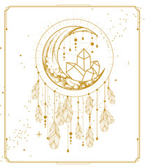 Modern magic witchcraft card with dream Catcher, crescent and crystal. Vector illustration
