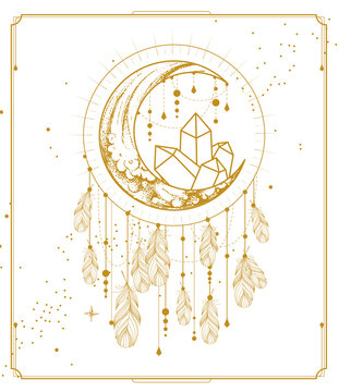 Modern magic witchcraft card with dream Catcher, crescent and crystal. Vector illustration