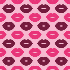 Fototapeta premium Lips. Seamless bright vector pattern with pink and burgundy lips on a light pink background. Fashion pop art background. For modern original designs, prints, textiles, fabrics, wallpapers, packige.