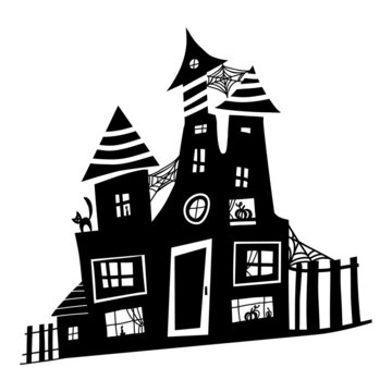 Black doodle Halloween vector design with a cute witch's house. Illustration for kids, celebration, web, print, etc. 