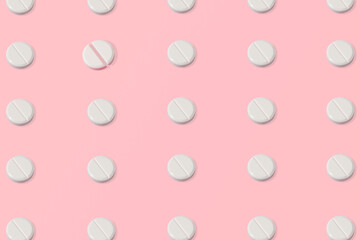Trendy pink pattern made of white tablets, pills , with one broken. Pink background. Minimal and geometric concept.