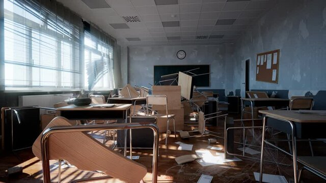 Demolished classroom with overturned desks and chairs. Damaged teaching class.