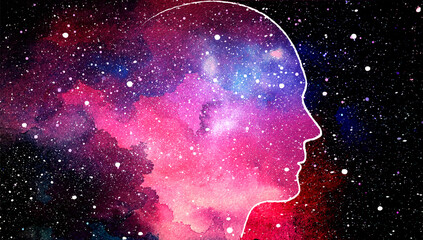 Mindfulness meditation, self-consciousness, focusing and releasing stress concept. Vector illustration of human head on space background - obrazy, fototapety, plakaty