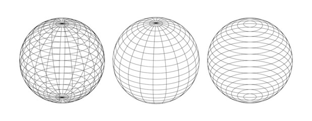 Set of 3d vector spheres from different sides. Horizontal and vertical lines, latitude and longitude