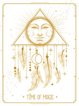 Modern magic witchcraft card with dream Catcher and sun sign with human face. Vector illustration
