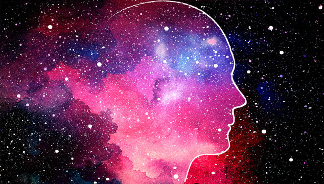 Mindfulness meditation, self-consciousness, focusing and releasing stress concept. Vector illustration of human head on space background